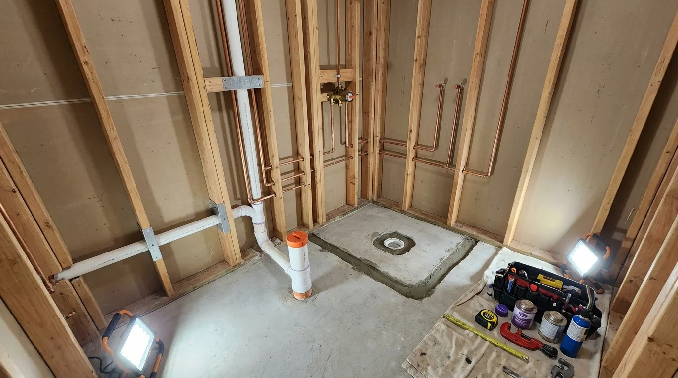 Bathroom rough-in plumbing during remodel by Johns Plumbing LLC in Excelsior