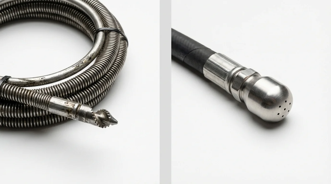 Drain snake cable and hydro jetting nozzle used for drain cleaning in Excelsior, MN