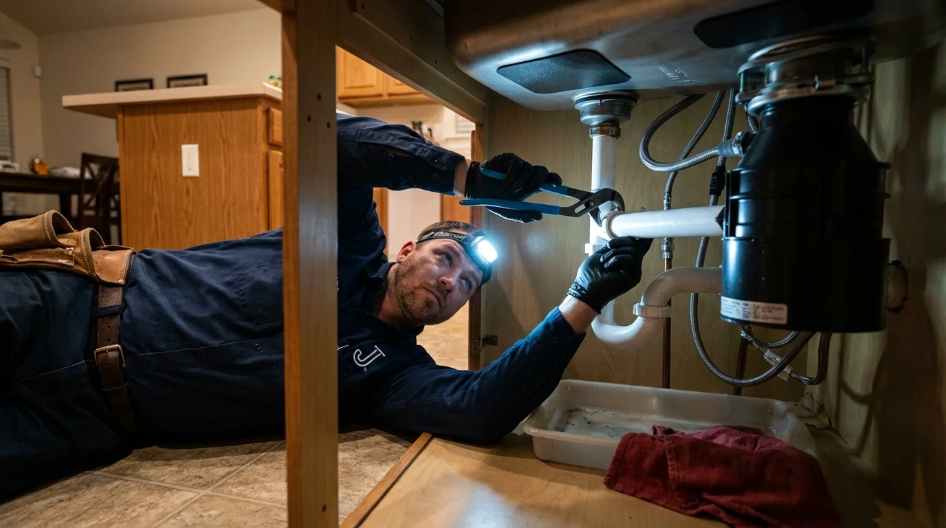 P-trap and supply line connections under a kitchen sink showing a common leak point in Excelsior, MN